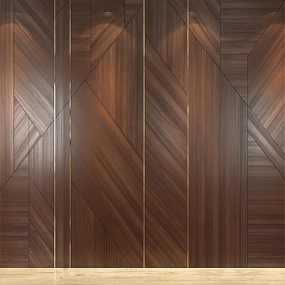 Elegant Modern Wall Paneling With Wooden Herringbone Pattern And Gold Accent Strips 3d model