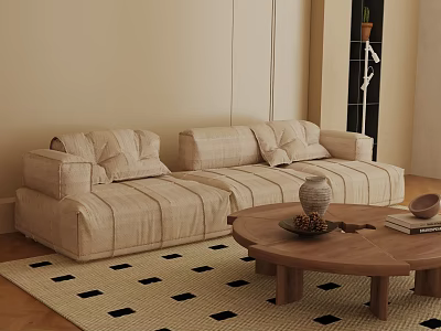 Beige Striped Three Seater Sofa In Living Room With Wooden Coffee Table And Diamond Rug 3d model