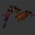 Two Red Mechanical Devices with Pipes Wheels and Industrial Structure
