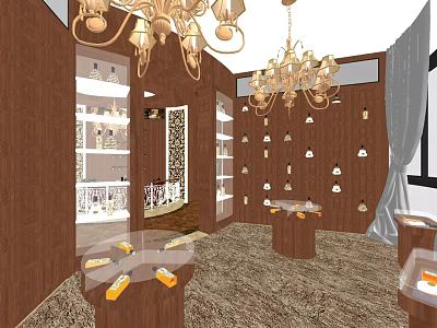 Luxurious Wine Cellar Interior With Wooden Wine Racks Chandeliers And Round Display Tables 3d model