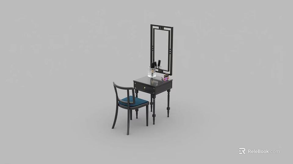 Modern Black Dressing Table Design With Mirror Chair And Blue Cushion Cosmetics 3d model 