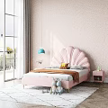 Cozy Pink Shell Shaped Headboard Kids Bed With Stuffed Toys And Blue Pendant Light