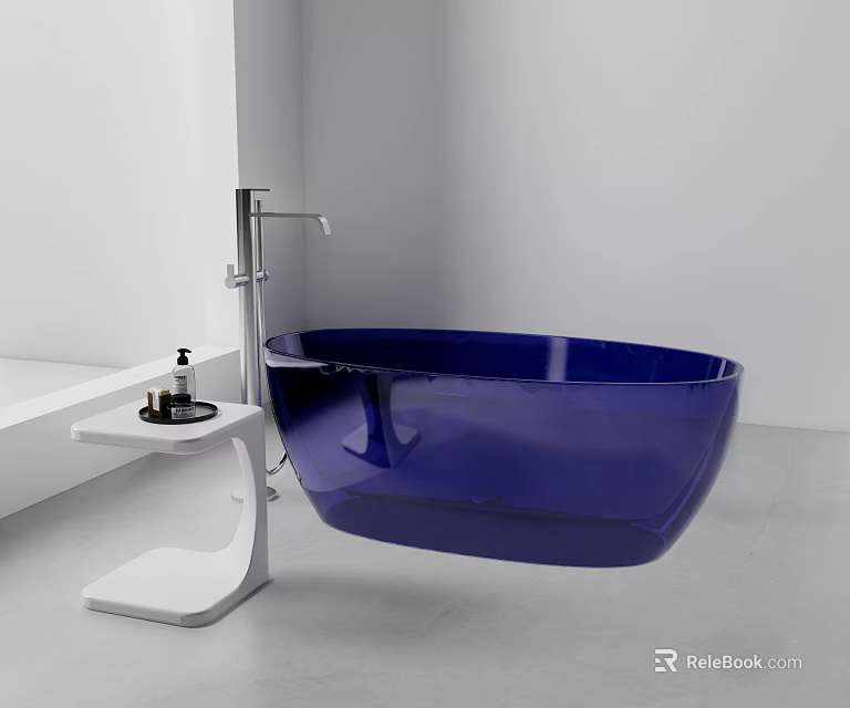 Blue Freestanding Bathtub With Modern Faucet And White Side Table In Minimalist Bathroom Interior 3d model 