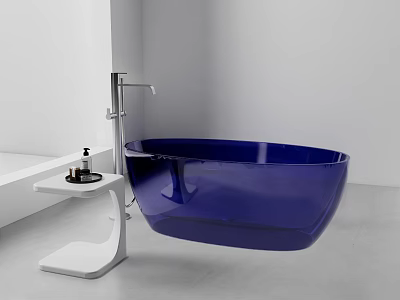 Blue Freestanding Bathtub With Modern Faucet And White Side Table In Minimalist Bathroom Interior 3d model