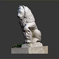 Detailed White Stone Lion Statue Sitting On Pedestal With Green Plants