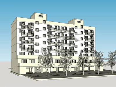 Multi Story Apartment Building Exterior With Balconies And Trees Under Blue Sky 3d model