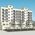 Multi Story Apartment Building Exterior With Balconies And Trees Under Blue Sky