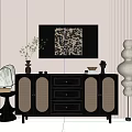 Modern Black Decorative Cabinet With Grille Doors Drawers Vase Artwork And Floor Lamp
