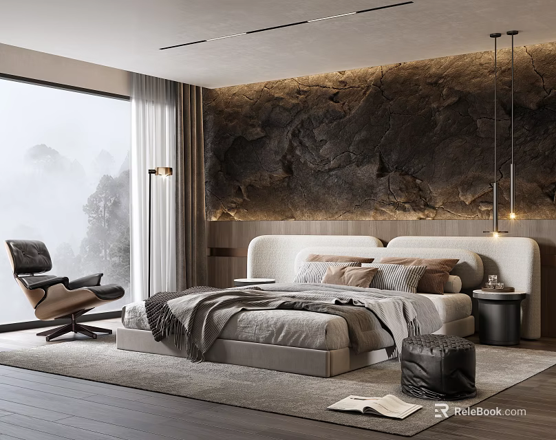 Luxurious Modern Bedroom Interior With Plush Bedding And Gold Accent Decor 3d model 