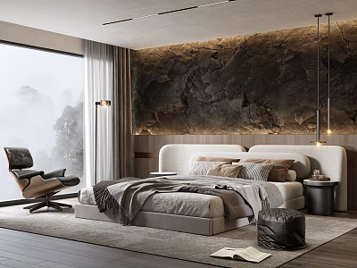 Luxurious Modern Bedroom Interior With Plush Bedding And Gold Accent Decor 3d model
