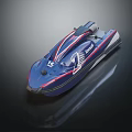 Stylish Modern Blue Racing Yacht With Red And White Stripes