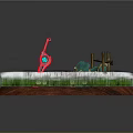 Decorative Weapon Model Featuring Red Sword And Blue Shield On Green Grass With Wooden Fence