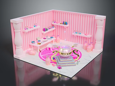 Cute Animal Figurines In Pink Striped Room With Round Decorative Structure 3d model