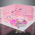Cute Animal Figurines In Pink Striped Room With Round Decorative Structure