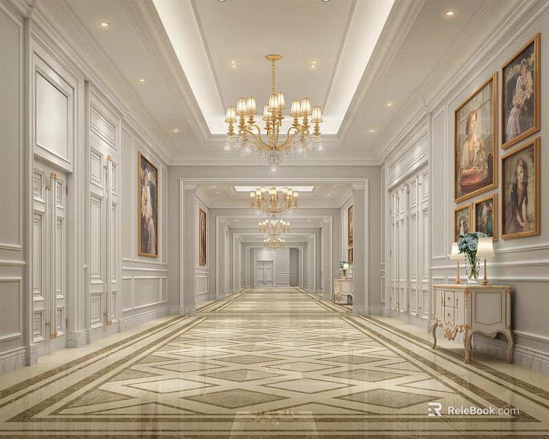 Elegant Hotel Corridor With Crystal Chandeliers Patterned Marble Flooring And Classic Wall Paintings 3d model 