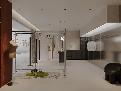 Modern Clothing Store Interior With Clothing Racks Mannequins Stylish Lighting And Display Decor 3d model