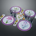 Elegant Floral Patterned Dinnerware Set Plates with Purple Rim Glasses and Decorative Napkins