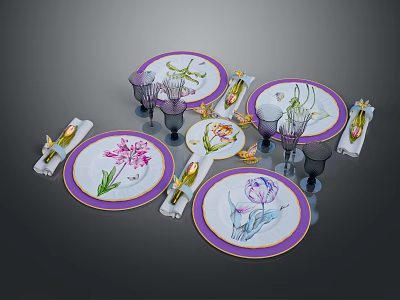 Elegant Floral Patterned Dinnerware Set Plates with Purple Rim Glasses and Decorative Napkins 3d model