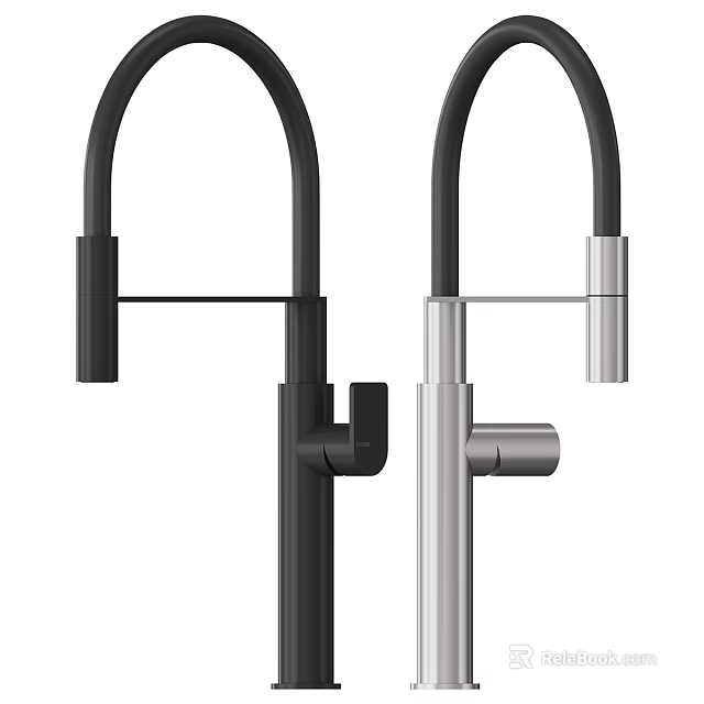 Two Modern Sleek Kitchen Faucets In Black And Silver With Tall Arch Design 3d model 