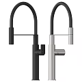 Two Modern Sleek Kitchen Faucets In Black And Silver With Tall Arch Design