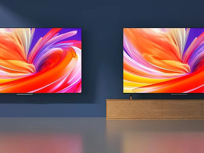 Two Televisions Displaying Vibrant Abstract Colorful Patterns On Dark Blue Wall With Wooden TV Stand 3d model
