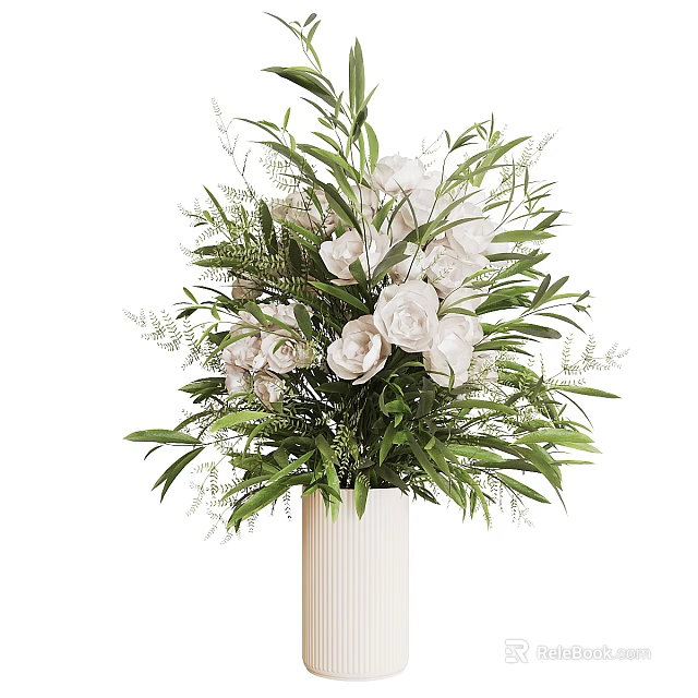Elegant White Flower Arrangement in White Vase with Fresh Green Leaves 3d model 