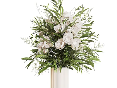 Elegant White Flower Arrangement in White Vase with Fresh Green Leaves 3d model