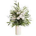 Elegant White Flower Arrangement in White Vase with Fresh Green Leaves
