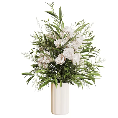 Elegant White Flower Arrangement in White Vase with Fresh Green Leaves 3d model