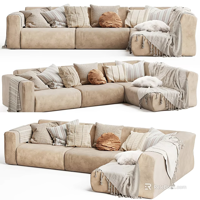 Modern Cozy Beige Sectional Sofa With Multiple Plush Pillows And Soft Blanket 3d model