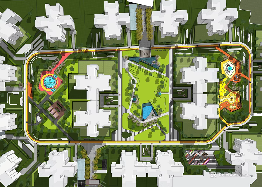 Residential Landscape Design With Central Green Space And Play Areas Among Residential Buildings 3d model 