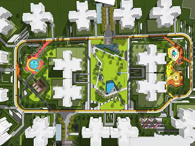 Residential Landscape Design With Central Green Space And Play Areas Among Residential Buildings 3d model