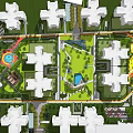 Residential Landscape Design With Central Green Space And Play Areas Among Residential Buildings