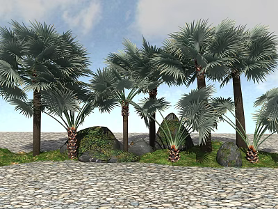 Tall Palm Trees With Green Fronds Along Pebble Pathway Grass And Rocks 3d model