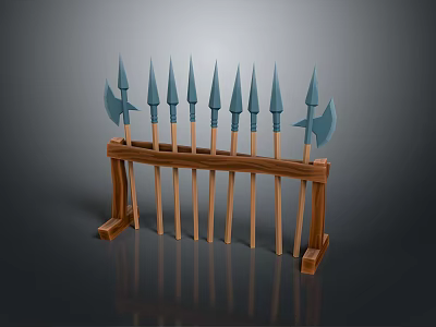 Traditional Weapons Display With Multiple Spears And Axes On Wooden Rack 3d model