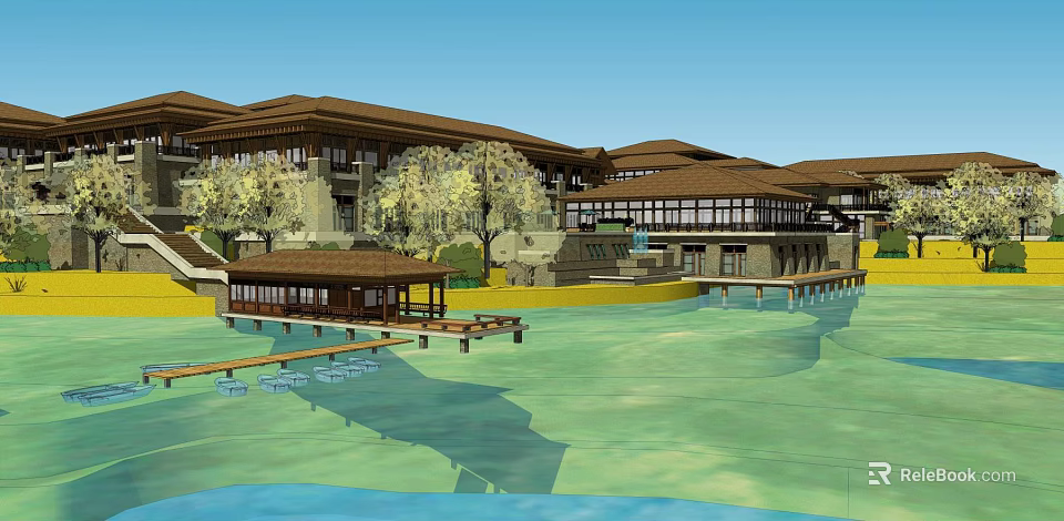 Traditional Waterfront Hotel Building With Brown Roof Wooden Terrace And Trees 3d model 