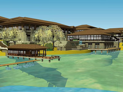 Traditional Waterfront Hotel Building With Brown Roof Wooden Terrace And Trees 3d model