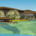 Traditional Waterfront Hotel Building With Brown Roof Wooden Terrace And Trees