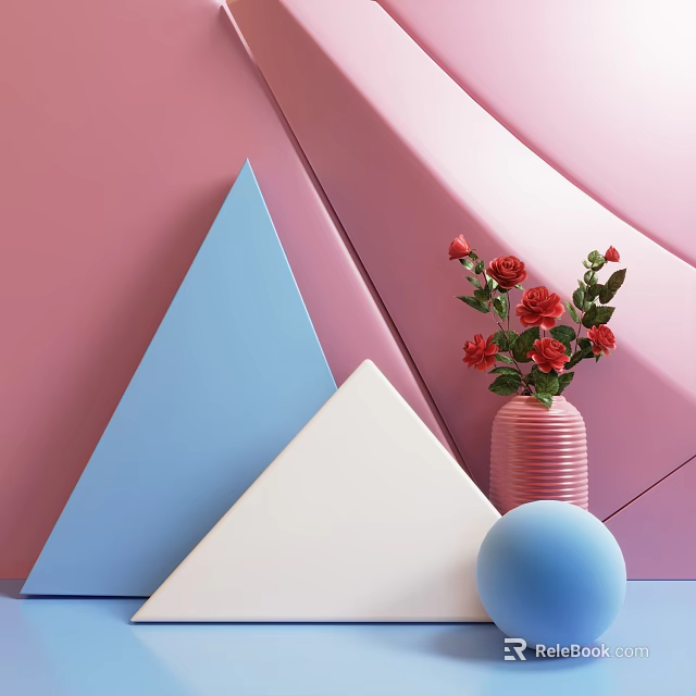 Pink Background Decorative Arrangement With Blue White Triangles Red Roses Pink Vase And Blue Sphere 3d model 