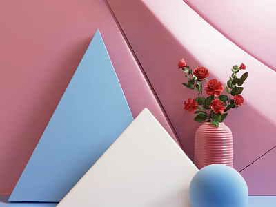 Pink Background Decorative Arrangement With Blue White Triangles Red Roses Pink Vase And Blue Sphere 3d model
