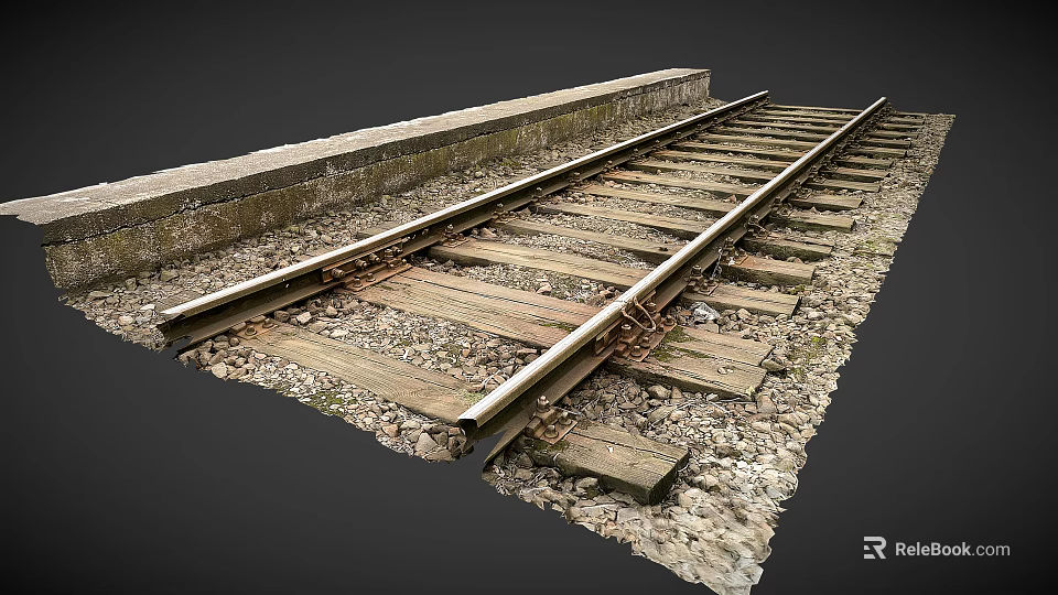 Stone and Wood Railway Track with Wooden Sleepers and Stone Base 3d model 