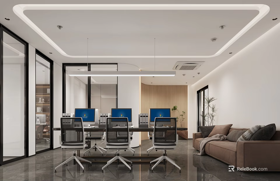 Modern Public Office Space With Desks Computers Office Chairs Sofa And Green Plants 3d model 
