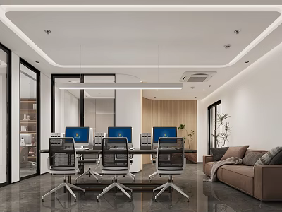 Modern Public Office Space With Desks Computers Office Chairs Sofa And Green Plants 3d model