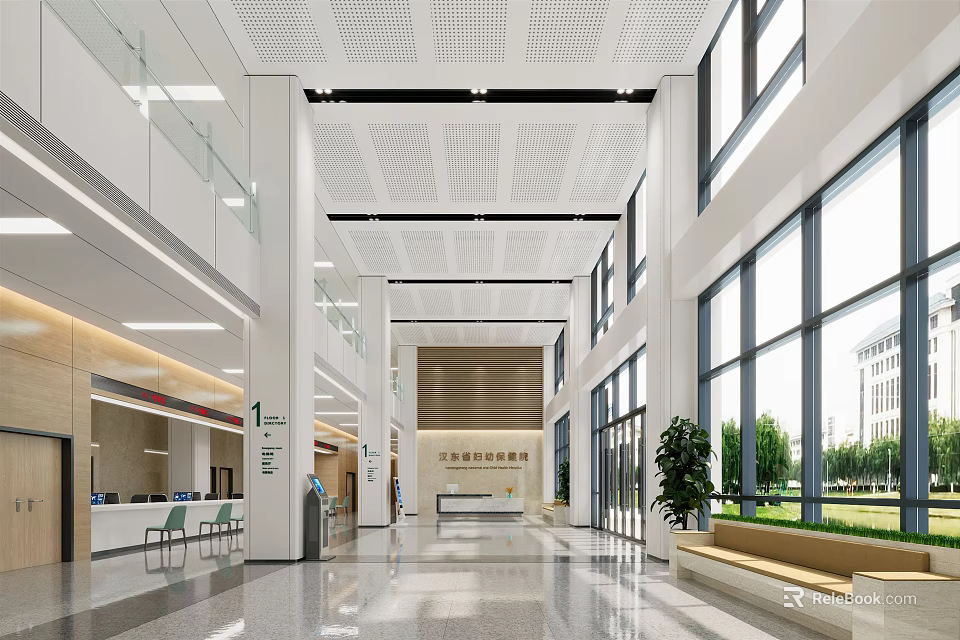 Modern Hospital Outpatient Department Lobby With Spacious Bright Space Reception Desk Seats And Green Plants 3d model 