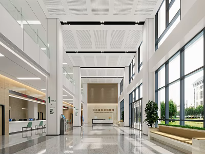 Modern Hospital Outpatient Department Lobby With Spacious Bright Space Reception Desk Seats And Green Plants 3d model