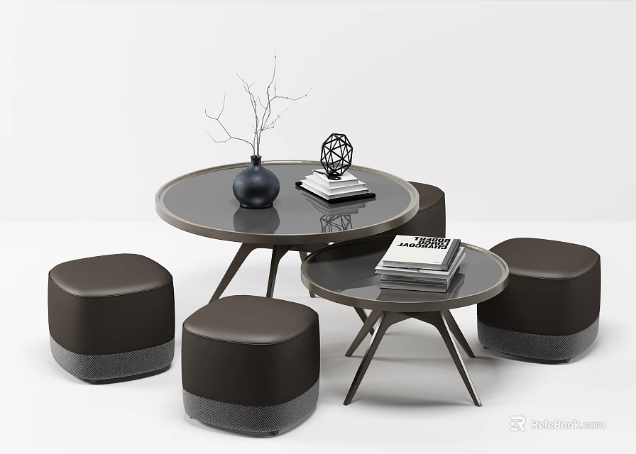 Modern Round Coffee Table With Stools Vase Decorative Items And Books 3d model