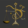 Antique Golden Balance Scale With Ornate Scrollwork Decorative Top Square Base And Golden Bowl