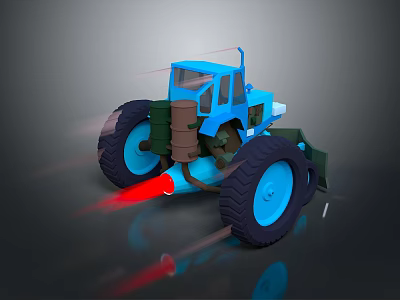 Blue Modified Tractor with Large Tires Red Jet Flames Brown Cylinder and Cartoon 3d model