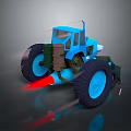 Blue Modified Tractor with Large Tires Red Jet Flames Brown Cylinder and Cartoon