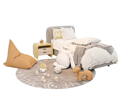 Children's Bed With Light Gray Headboard White Gray Bedding Yellow Nightstand Round Rug And Toys 3d model